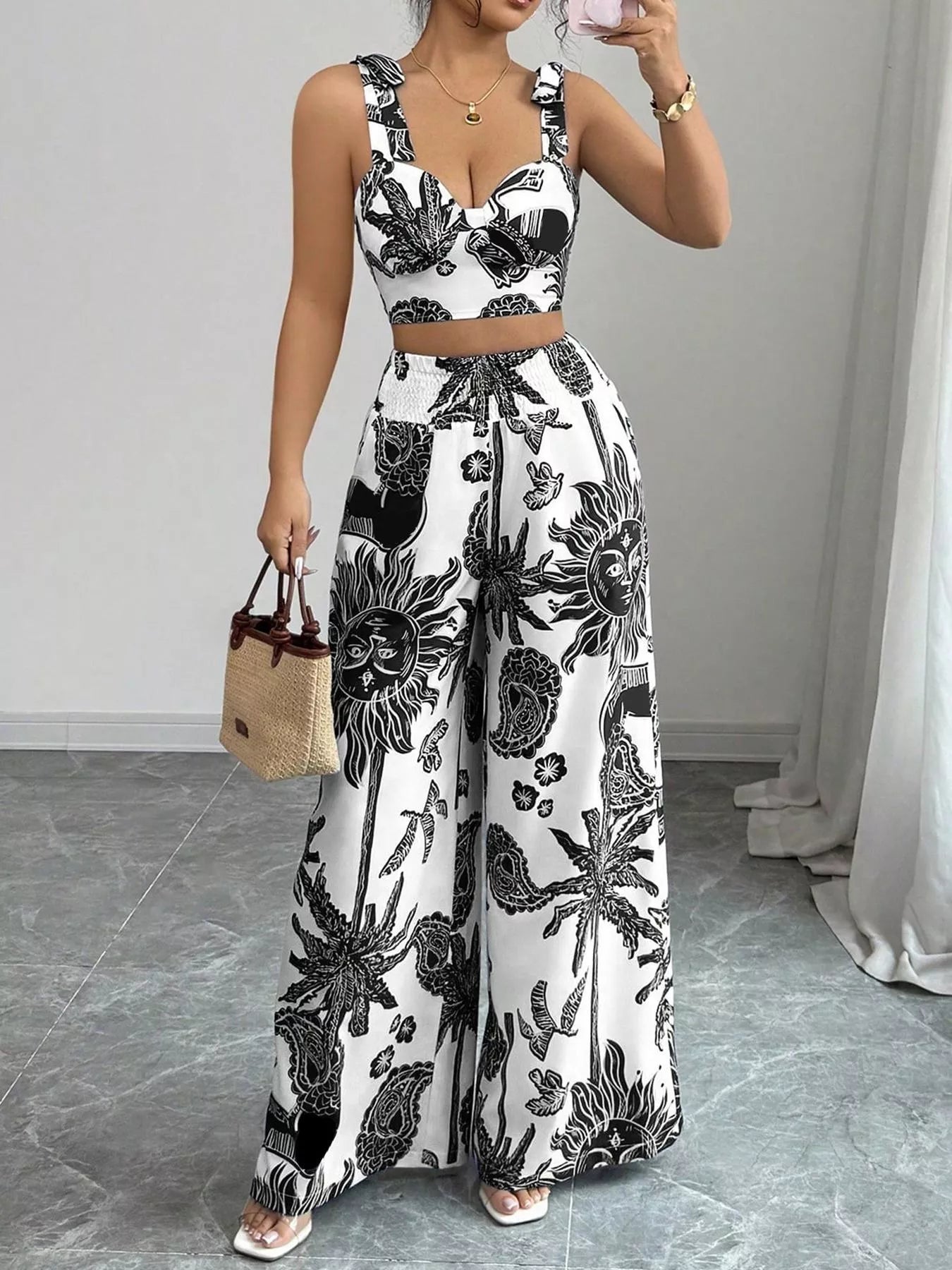 Ensemble crop top smocké imprimé floral & pantalon large femme – 3 coloris - Bootiky