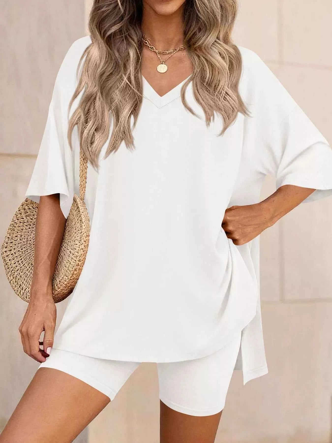 Ensemble t-shirt col V & short femme – 7 coloris, grande taille - Bootiky