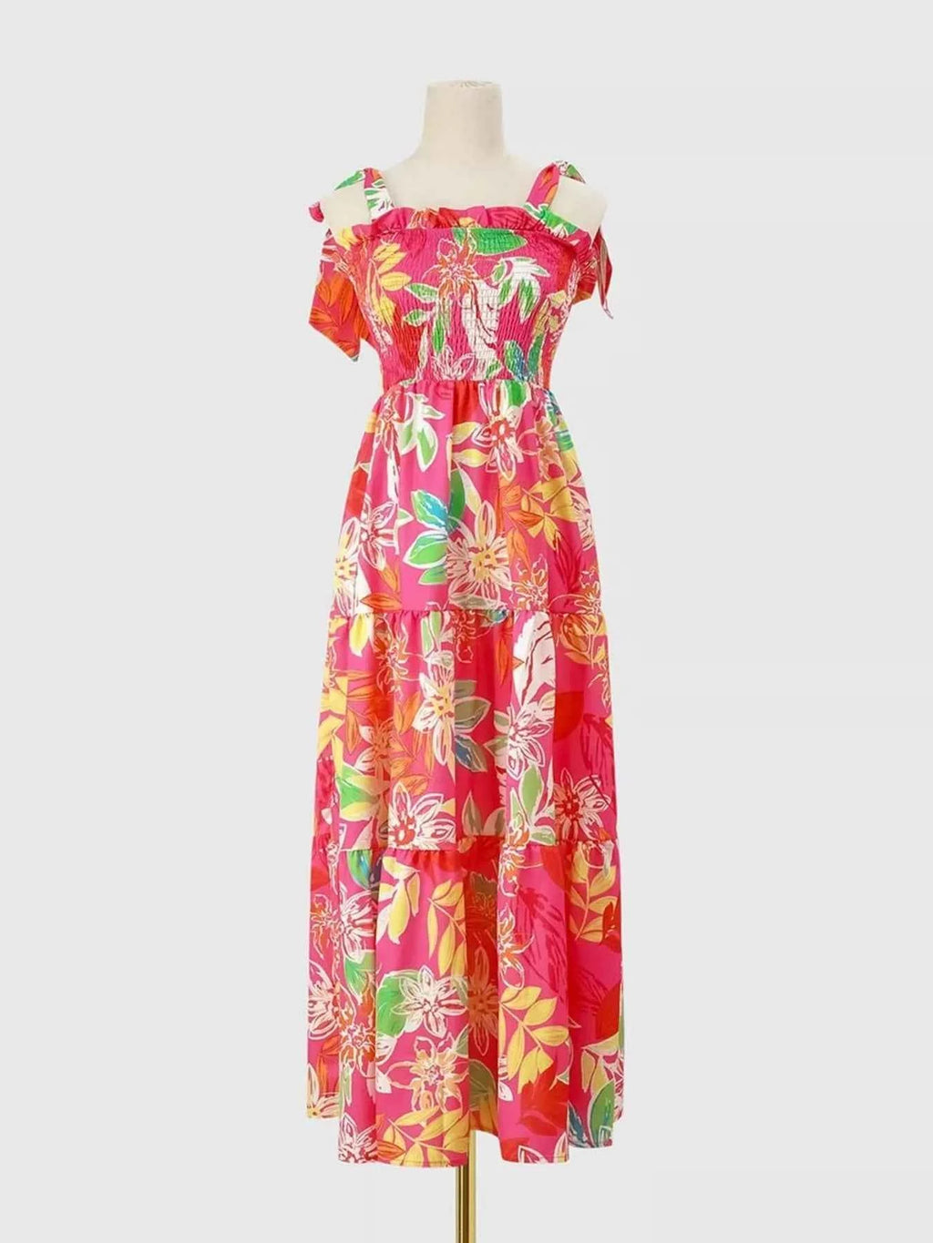 Robe Longue Bohème Oasis Buste Smocké Bretelles à Nouer – Volants, S à 2XL - Bootiky