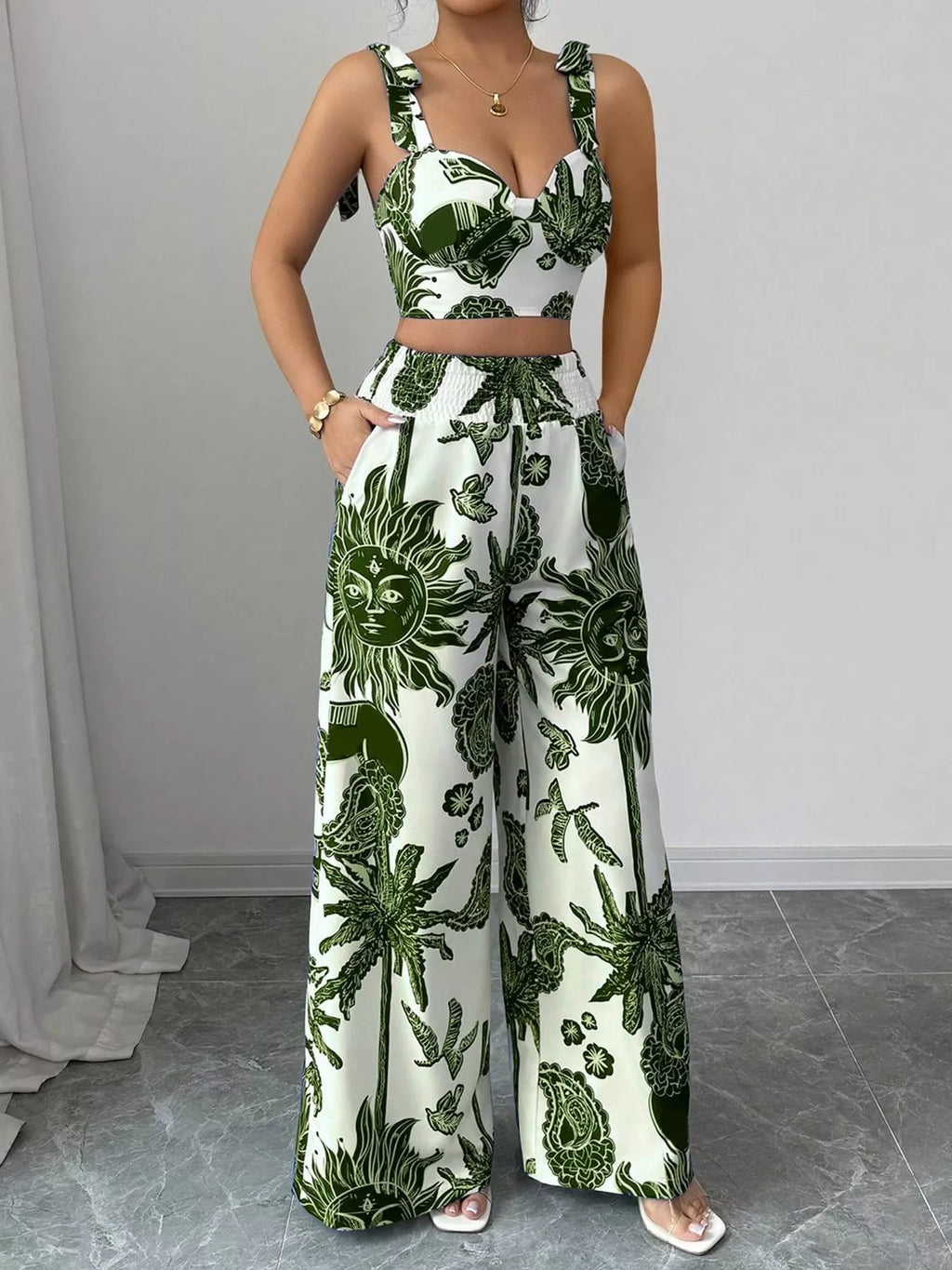 Ensemble crop top smocké imprimé floral & pantalon large femme – 3 coloris - Bootiky