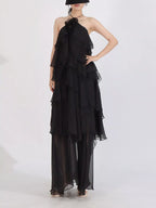 Robe Longue Mousseline — Col Licou, Volants & Mesh (Maxi Dress) - Bootiky