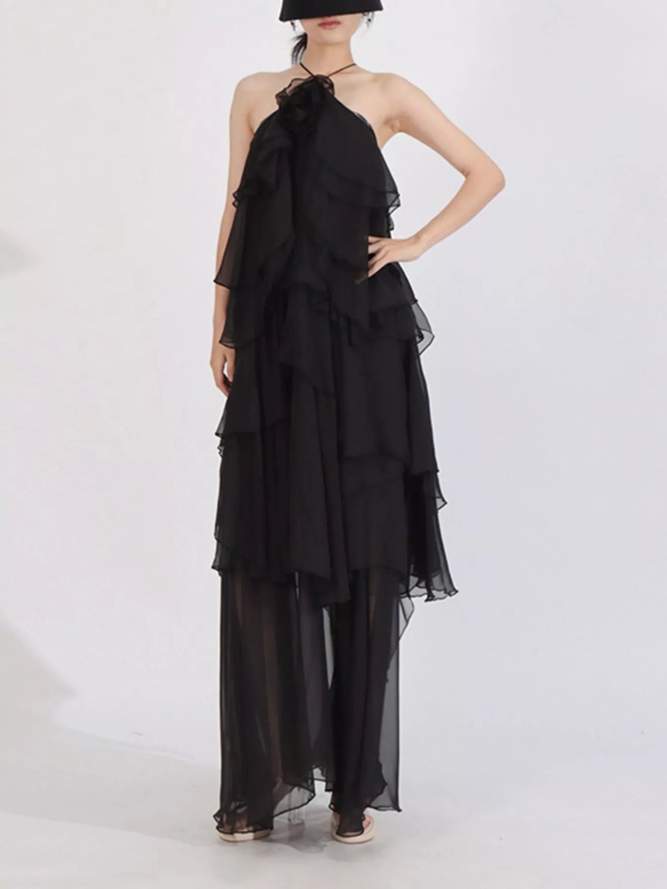 Robe Longue Mousseline — Col Licou, Volants & Mesh (Maxi Dress) - Bootiky