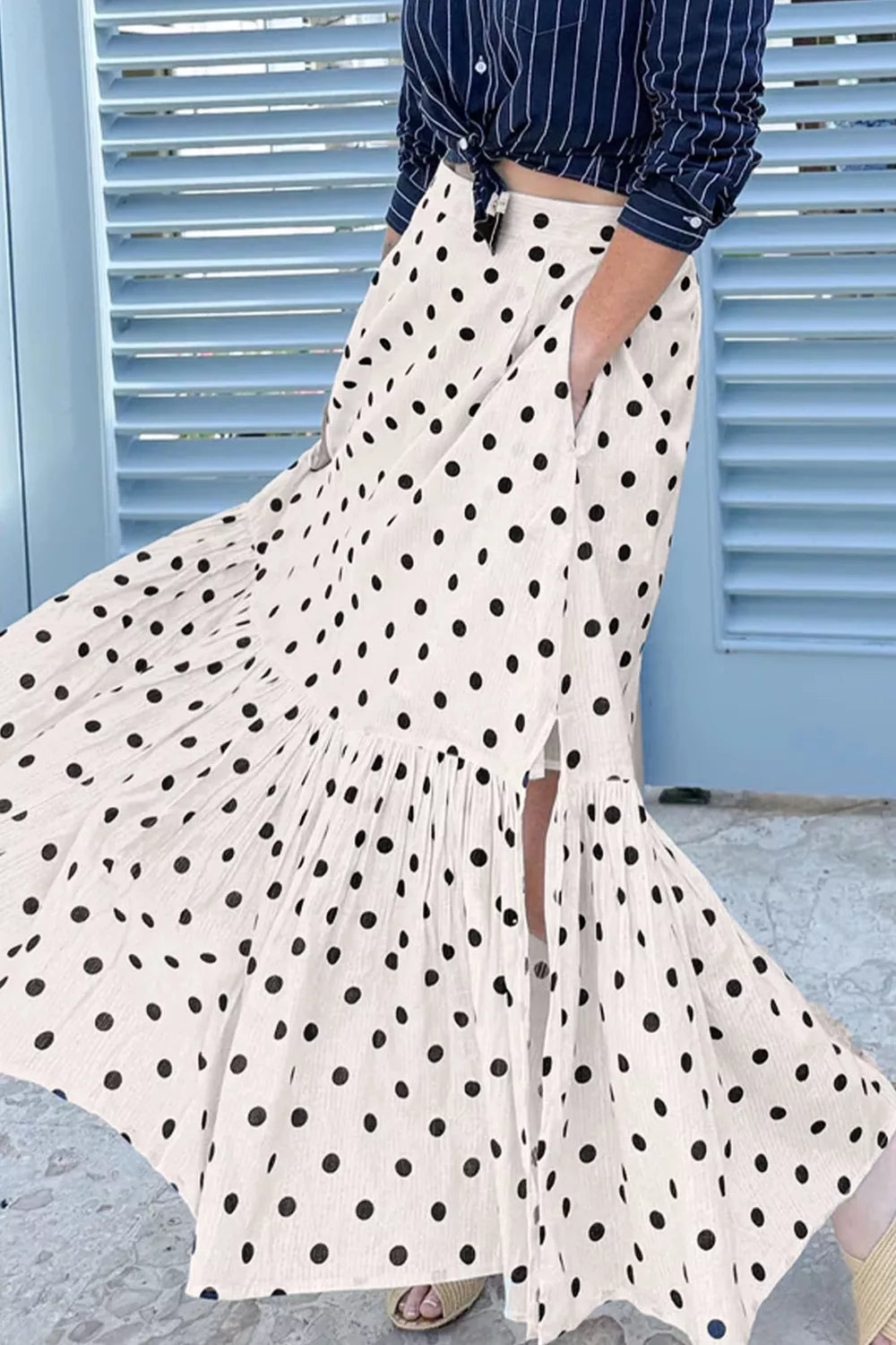 Jupe Maxi Volantée Polka Romance Fendue – Taille Haute, S à 2XL - Bootiky