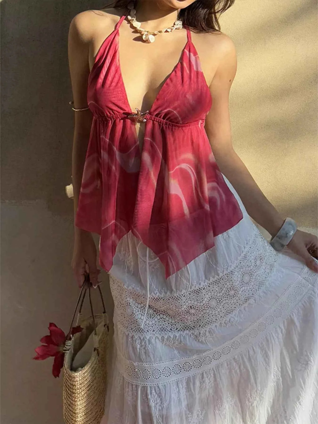 Camisole Femme Dos Nu Col Halter à Liens – Tissu Transparent, Rose, Tailles S-XL - Bootiky