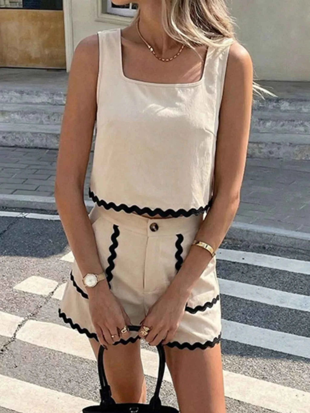Ensemble tank top & short à bordure festonnée femme – coloris Apricot - Bootiky