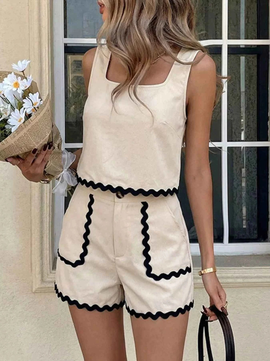 Ensemble tank top & short à bordure festonnée femme – coloris Apricot - Bootiky