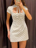Robe Courte Retro Dolce à Pois Découpe Avant Cut-Out – Blanc, Marron, S à L - Bootiky