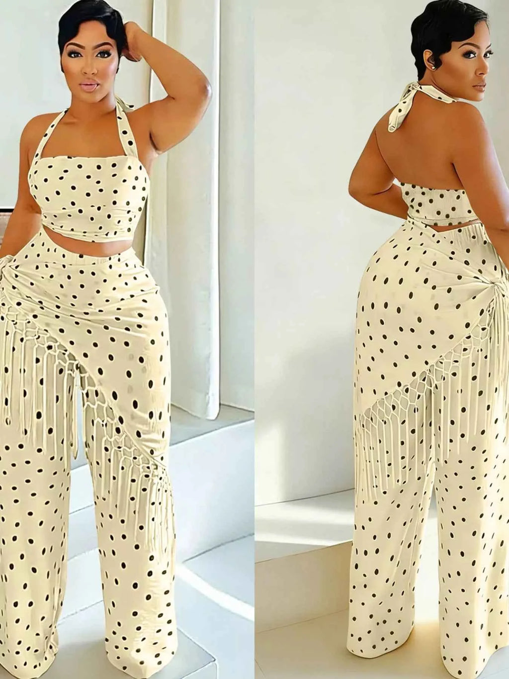 Ensemble cami halter pois & pantalon à franges – 3 coloris - Bootiky