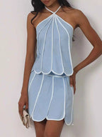 Ensemble top halter à volants liseré contrastant & jupe femme – Light Blue - Bootiky