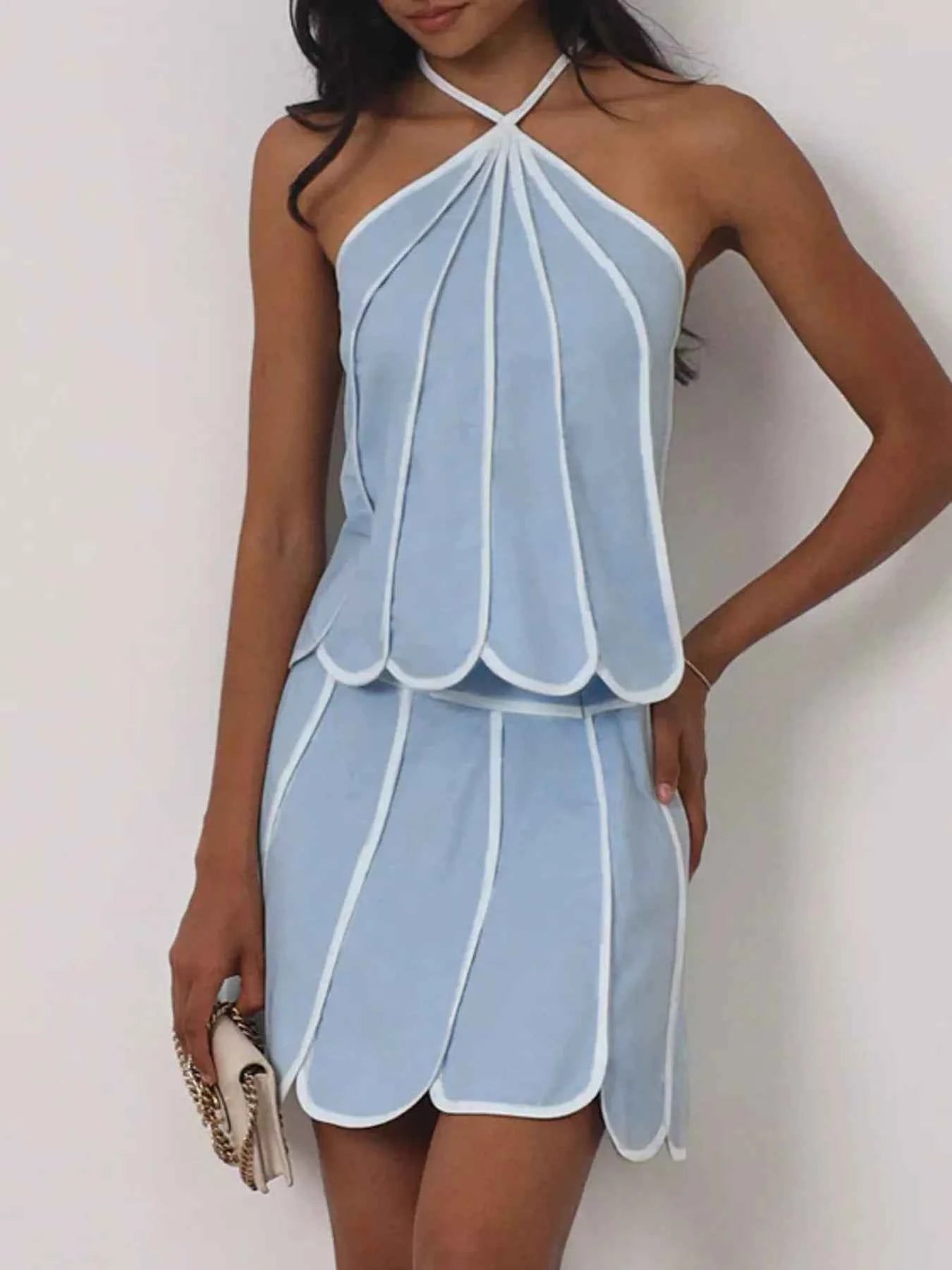Ensemble top halter à volants liseré contrastant & jupe femme – Light Blue - Bootiky