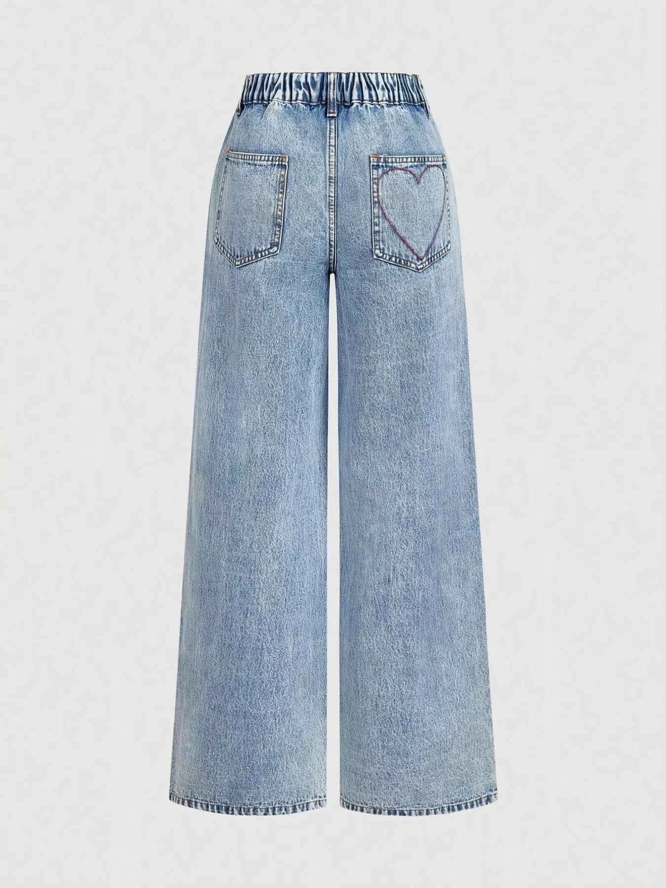 Jean Large Femme Brodé Cœurs – Coupe Wide-Leg, Poches, Légèrement Extensible, XS-XL - Bootiky