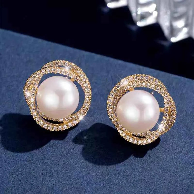 Clous d'Oreilles Prunelle Perle & Zircons – Tige Argent 925, Doré ou Argenté - Bootiky