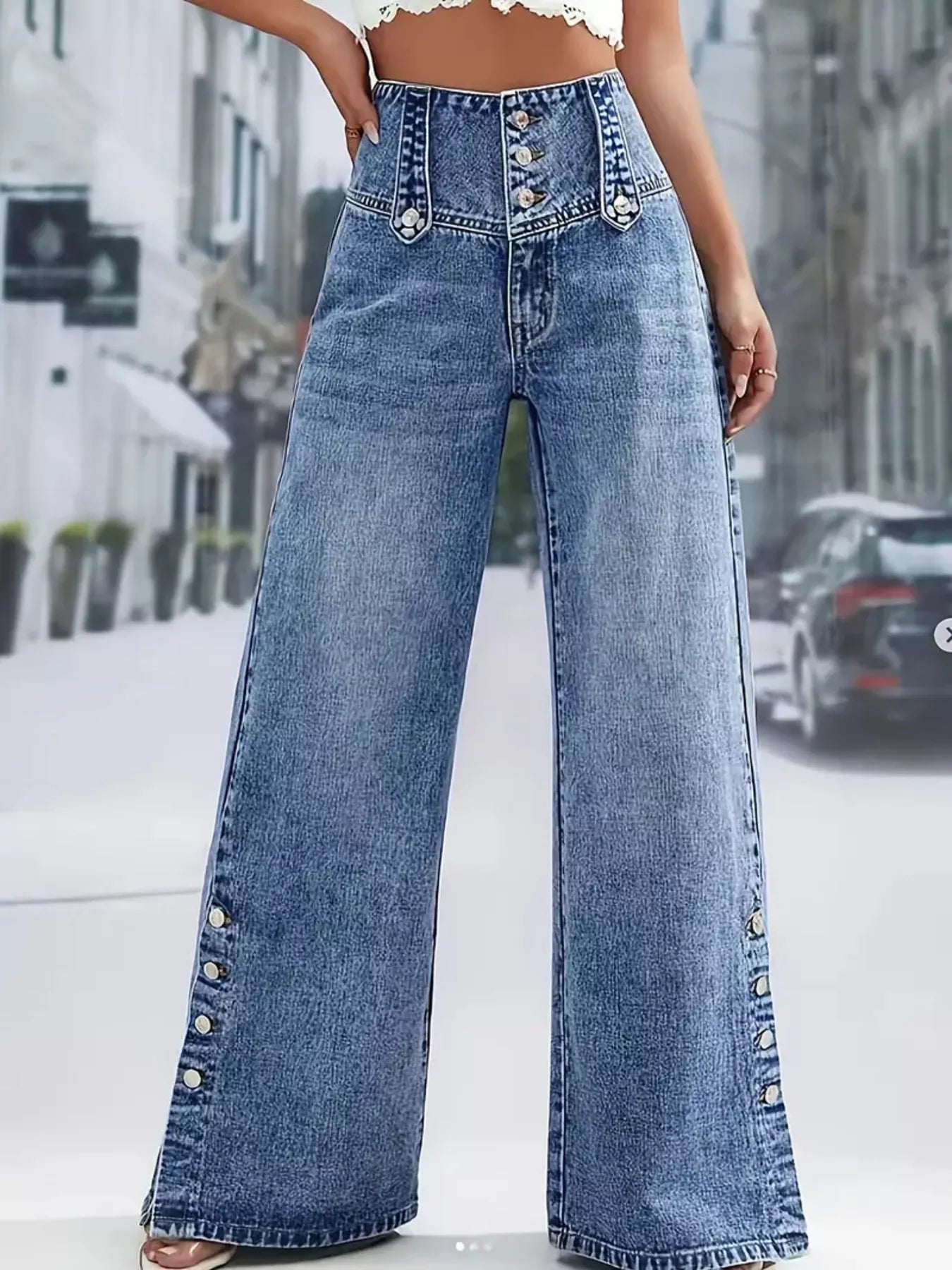 Jean taille haute wide-leg à boutons décoratifs - Bootiky