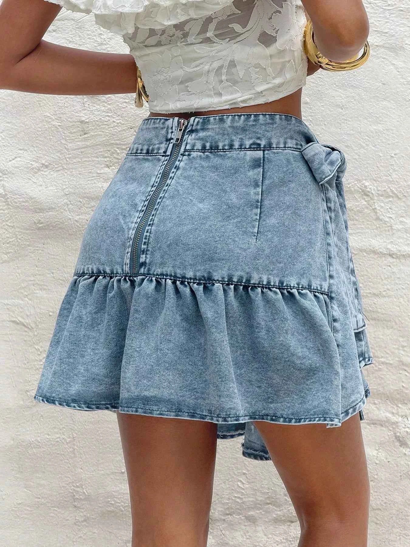 Jupe en Jean Taille Haute à Volants & Nœud Papillon – Fronces, Fermeture Éclair, XS-L - Bootiky