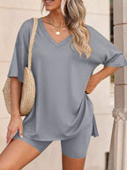 Ensemble t-shirt col V & short femme – 7 coloris, grande taille - Bootiky