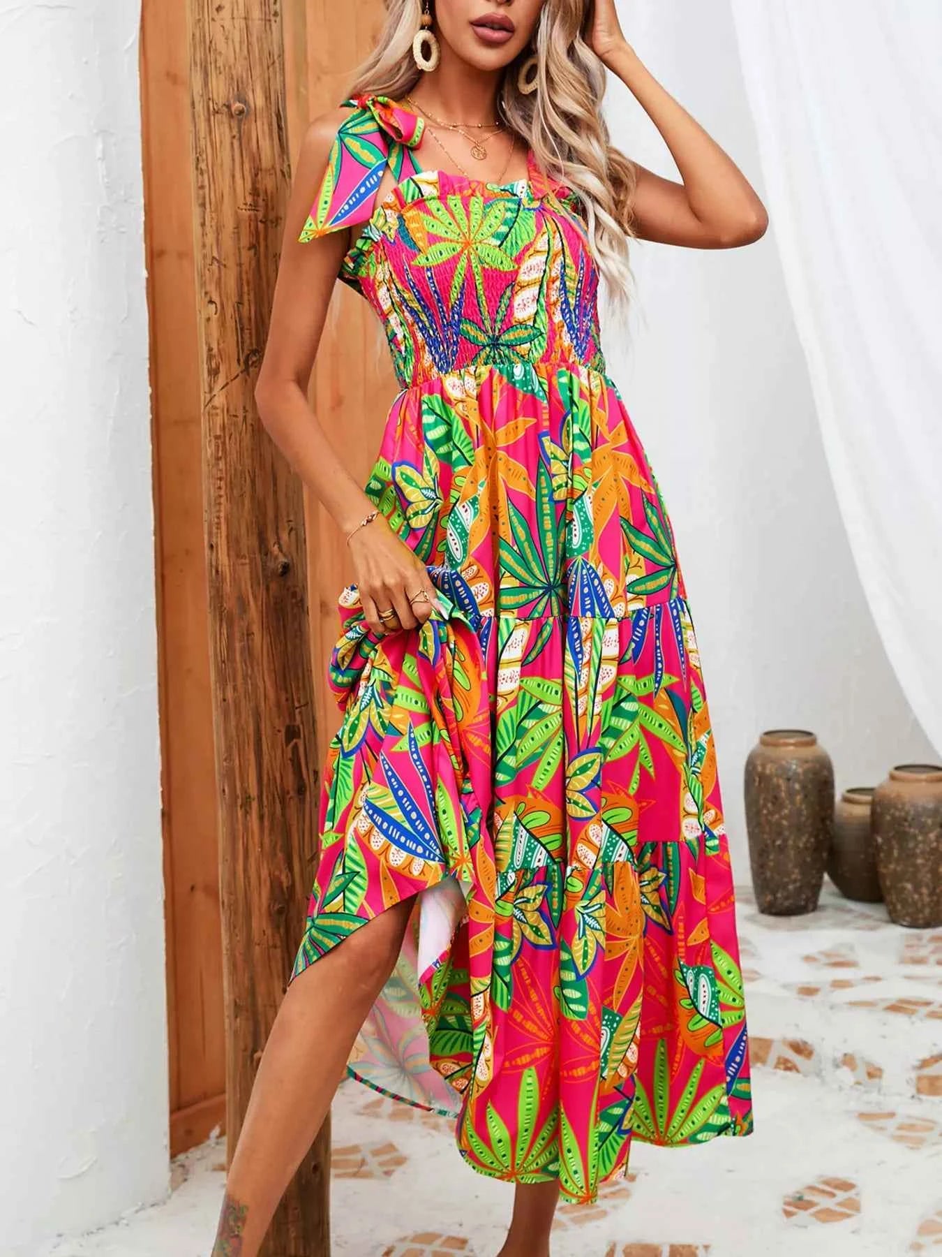 Robe Longue Bohème Oasis Buste Smocké Bretelles à Nouer – Volants, S à 2XL - Bootiky
