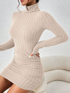 Robe Courte Moulante — Maille Côtelée Col Roulé & Manches Longues - Bootiky