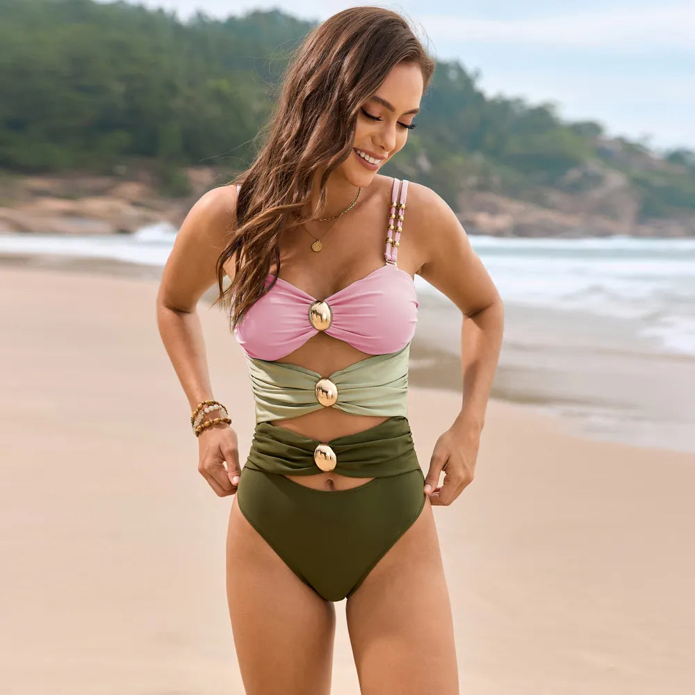 Maillot de Bain 1 Pièce — Color Block, Décolleté Cœur & Froncé - Bootiky