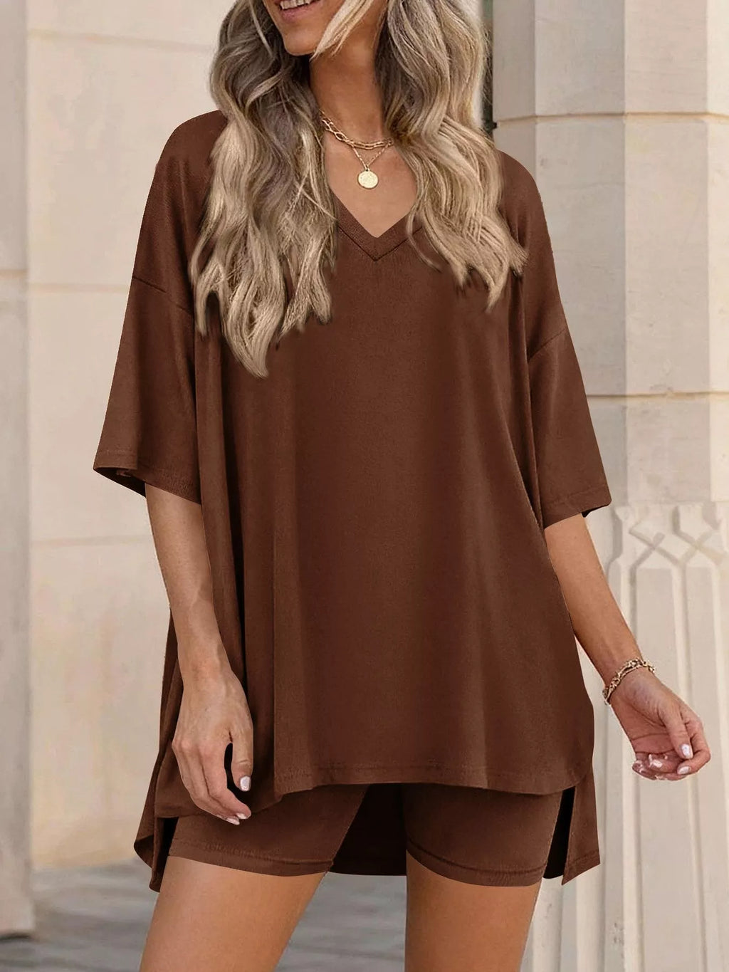 Ensemble t-shirt col V & short femme – 7 coloris, grande taille - Bootiky