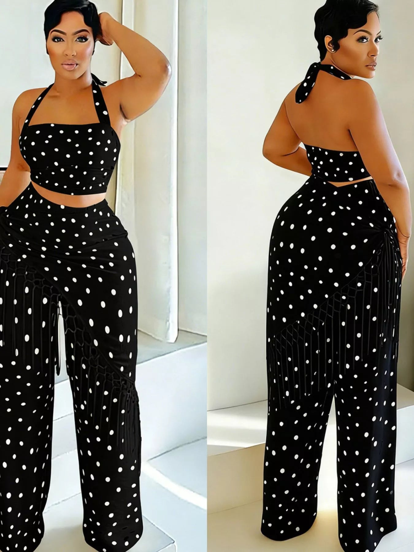 Ensemble cami halter pois & pantalon à franges – 3 coloris - Bootiky