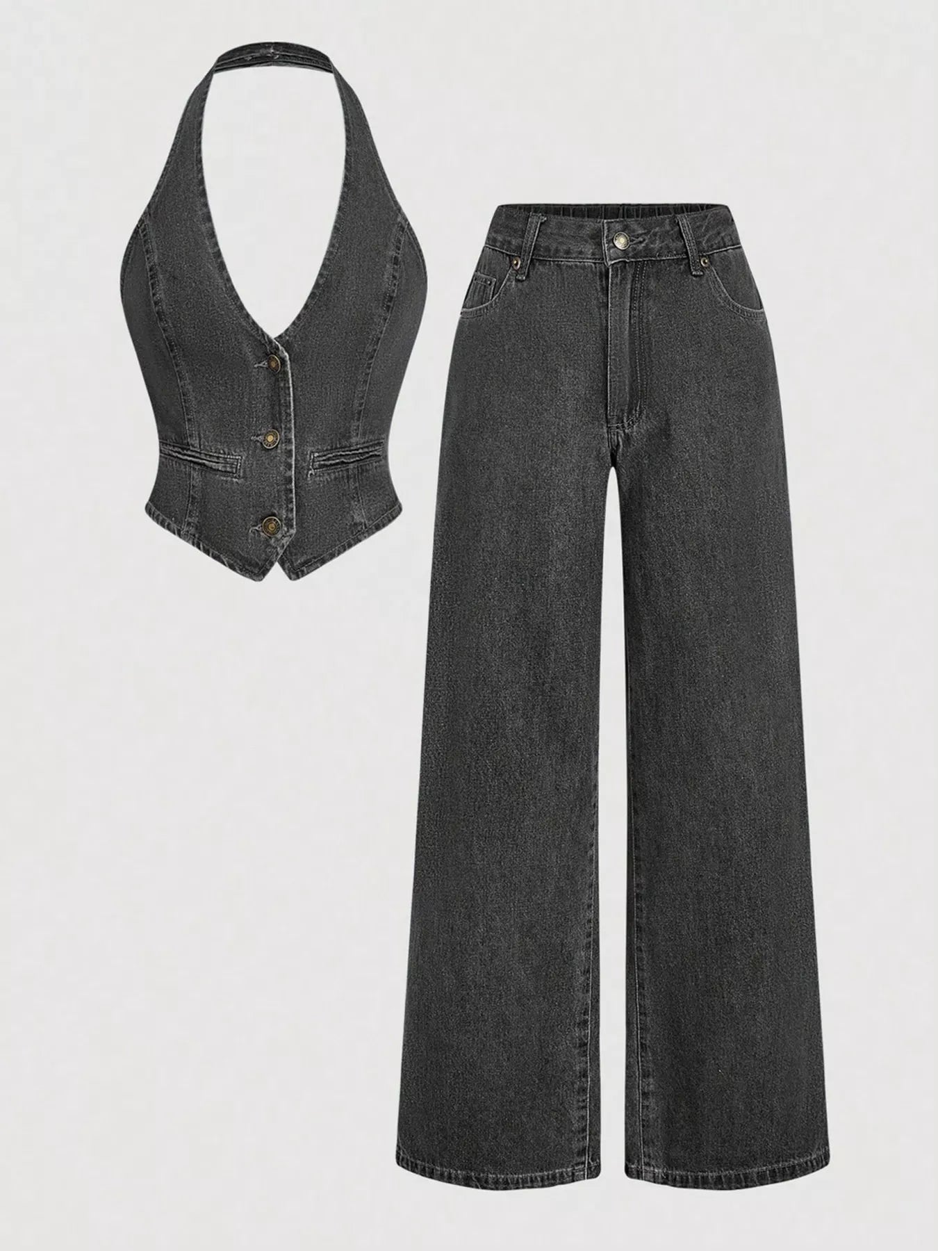Ensemble deux pièces – Gilet halter en jean et pantalon wide-leg - Bootiky