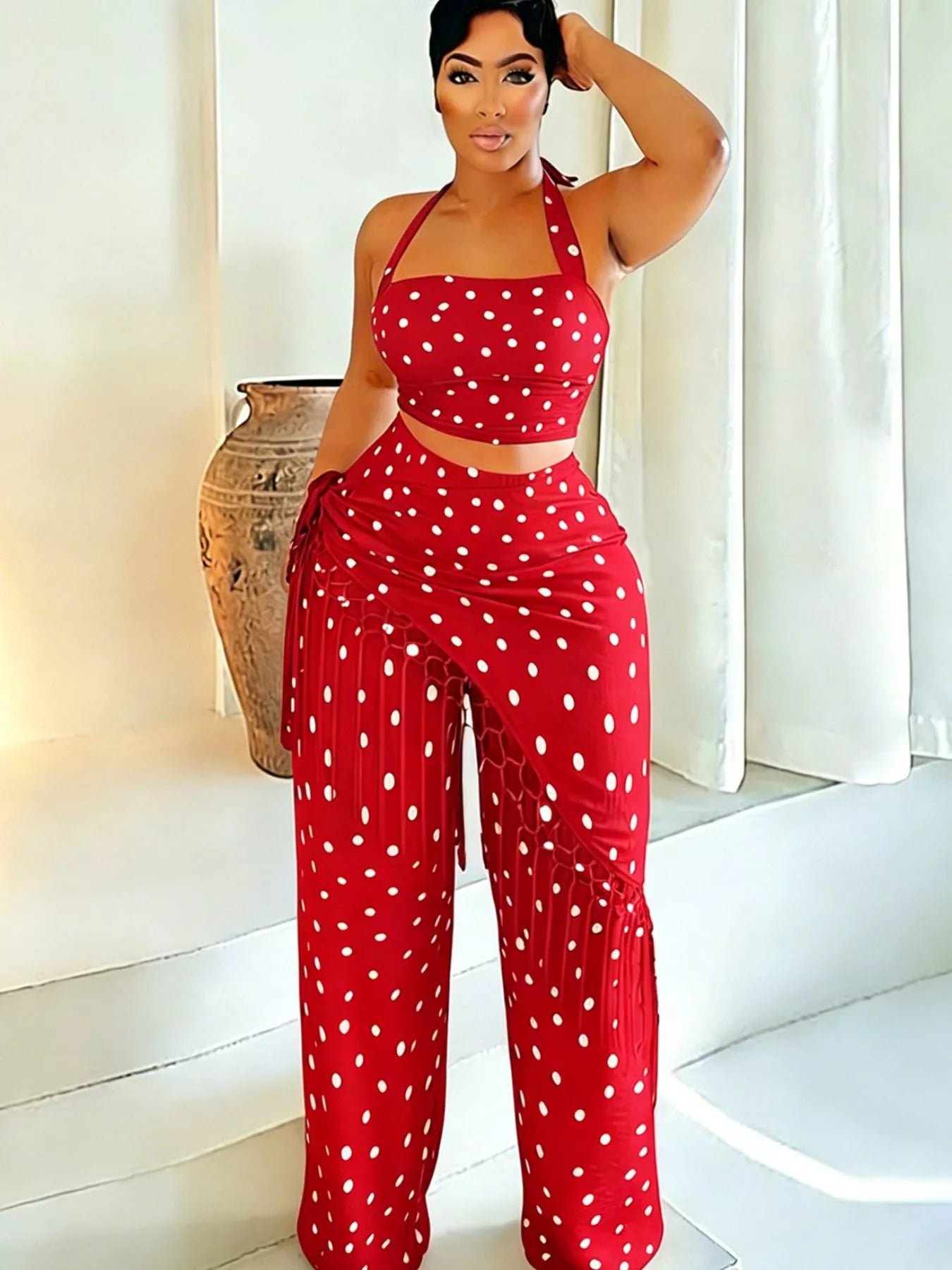 Ensemble cami halter pois & pantalon à franges – 3 coloris - Bootiky