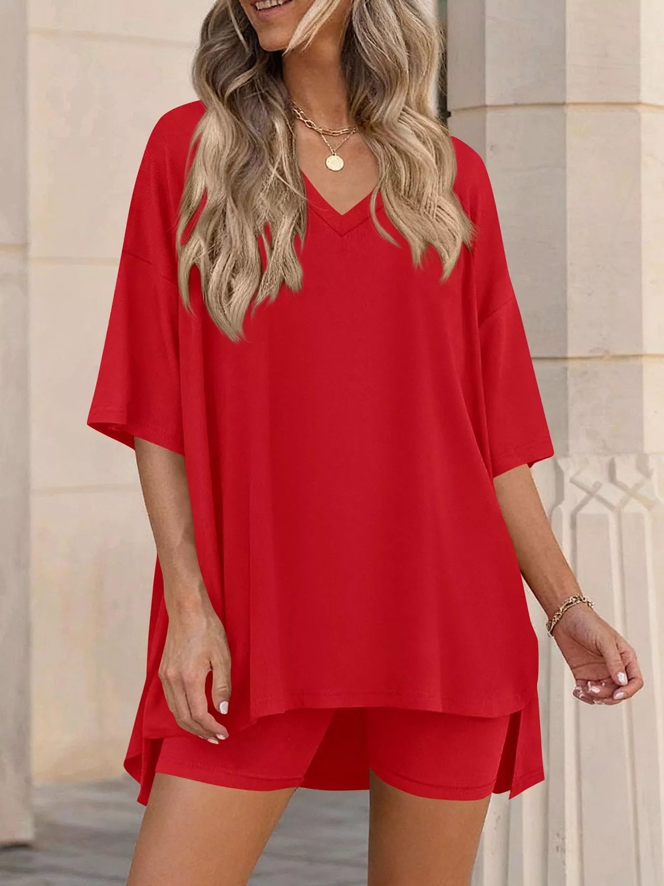 Ensemble t-shirt col V & short femme – 7 coloris, grande taille - Bootiky