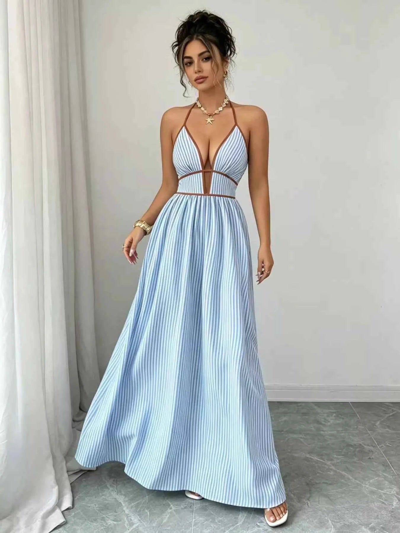 Robe Longue Graphique Riviera Col Licou – Rayures, Buste Smocké, S à 2XL - Bootiky