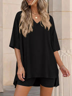 Ensemble t-shirt col V & short femme – 7 coloris, grande taille - Bootiky