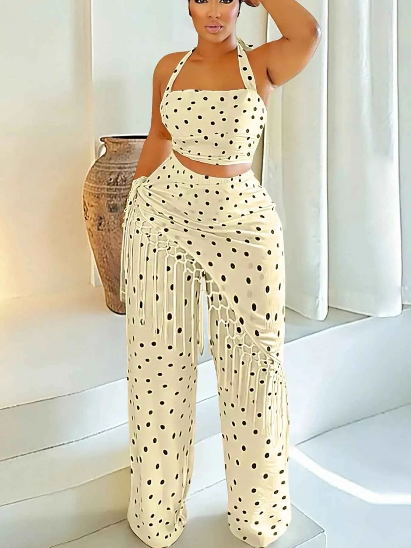 Ensemble cami halter pois & pantalon à franges – 3 coloris - Bootiky