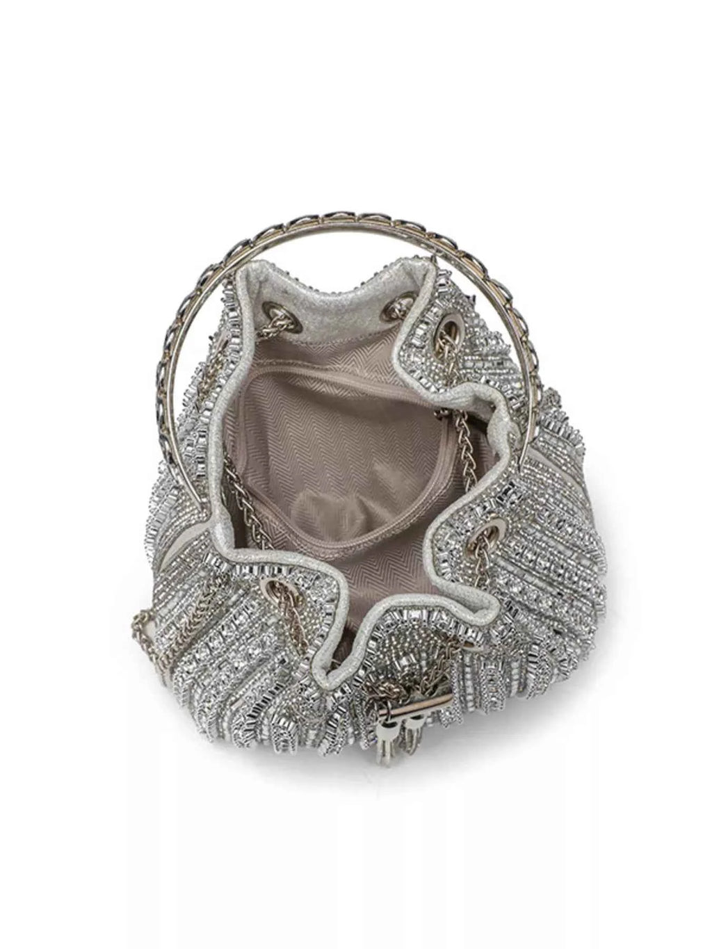 Elegant silver beaded handbag with chain handle and shimmering crystal embellishments, perfect for evening events.