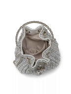 Elegant silver beaded handbag with chain handle and shimmering crystal embellishments, perfect for evening events.