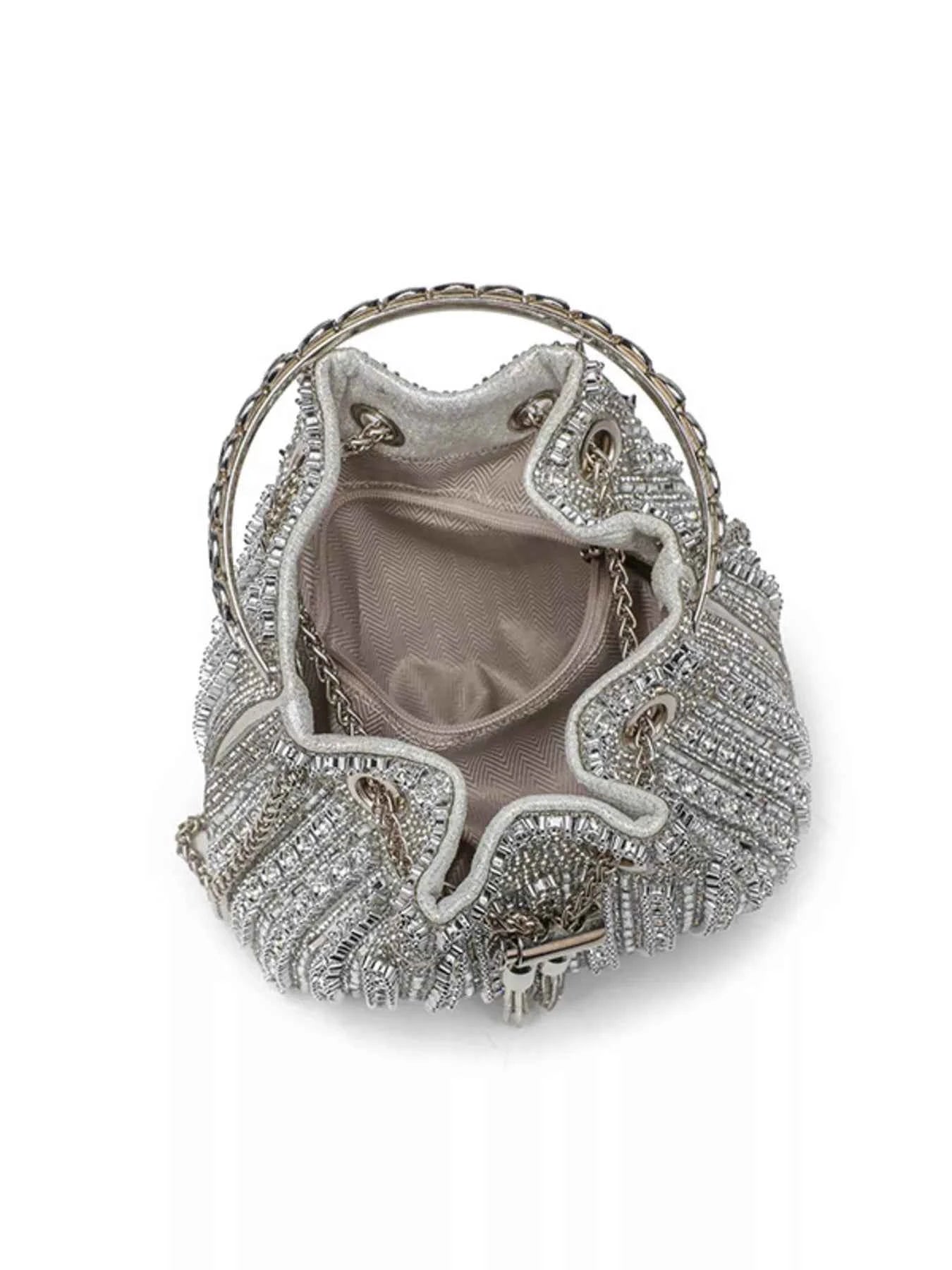 Elegant silver beaded handbag with chain handle and shimmering crystal embellishments, perfect for evening events.