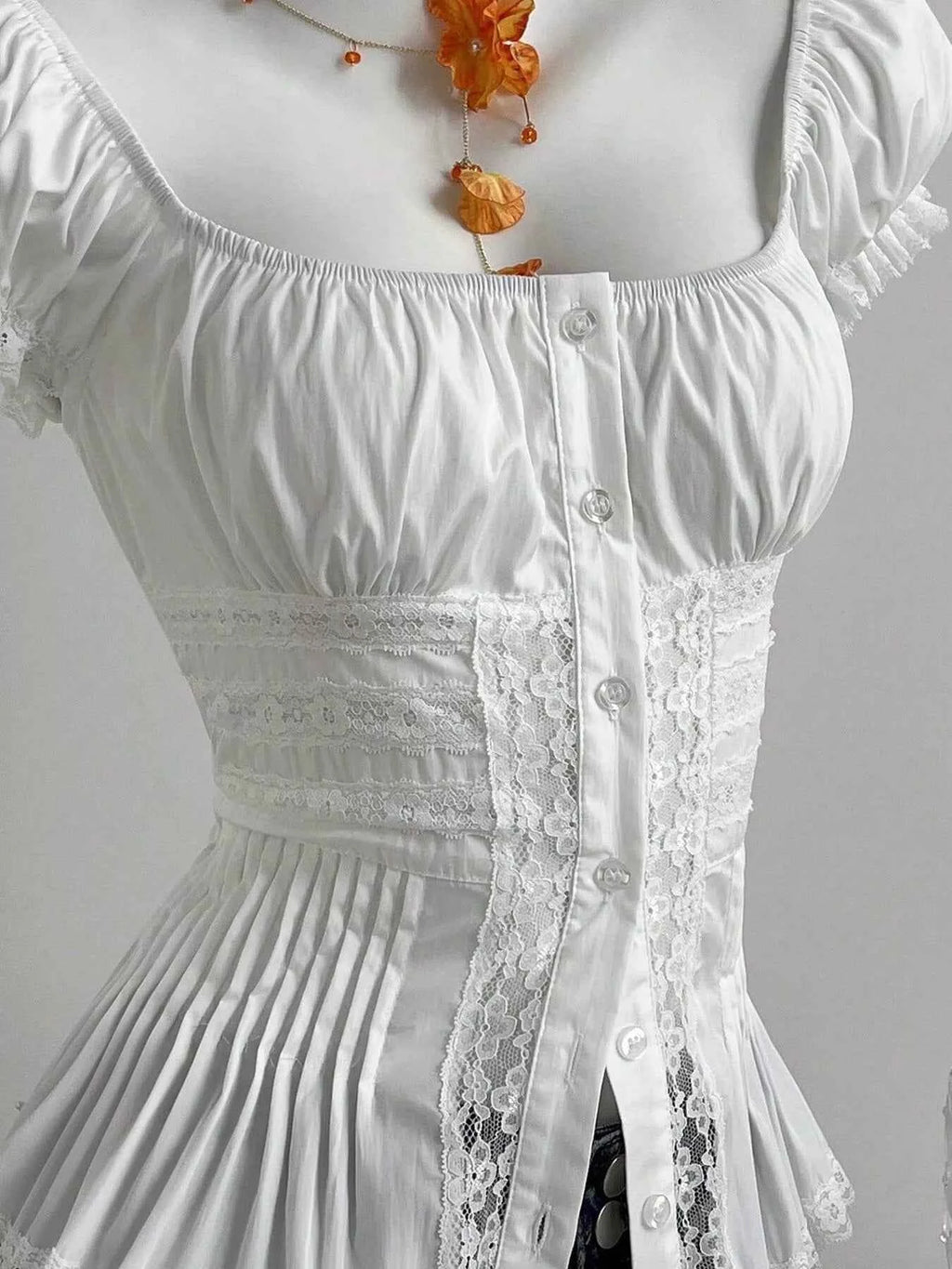 Chemise Femme Boutonée Manches Courtes à Dentelle & Fronces – Légèrement Extensible, S-XL - Bootiky