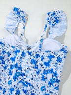 Maillot de Bain Une Pièce Floral Bleu Clair – Bretelles Volantées & Découpes Ajourées - Bootiky