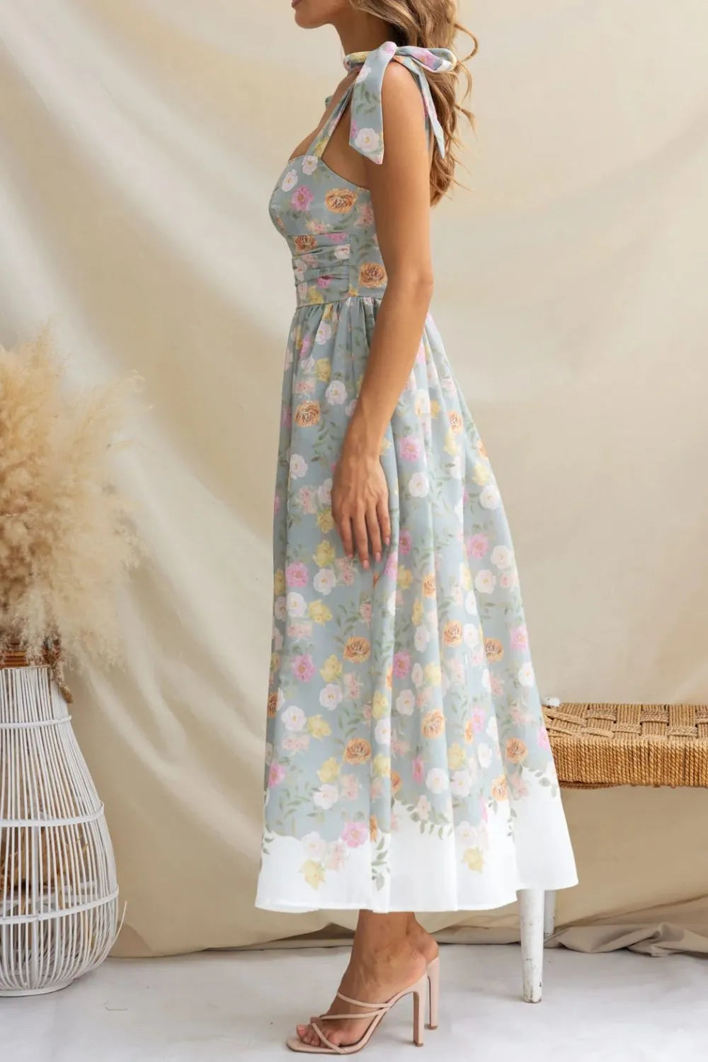 Robe Mi-Longue Imprimée — Bretelles Nouées & Buste Froncé (Midi) - Bootiky