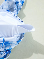 Maillot de Bain Une Pièce Floral Bleu Clair – Bretelles Volantées & Découpes Ajourées - Bootiky