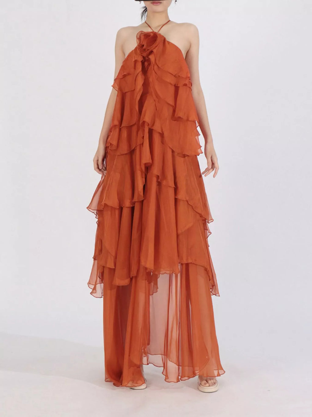 Robe Longue Mousseline — Col Licou, Volants & Mesh (Maxi Dress) - Bootiky