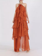 Robe Longue Mousseline — Col Licou, Volants & Mesh (Maxi Dress) - Bootiky