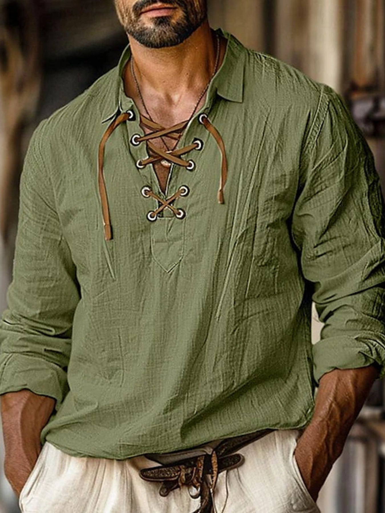 Chemise Homme Vintage — Manches Longues à Lacets Style Bohème - Bootiky