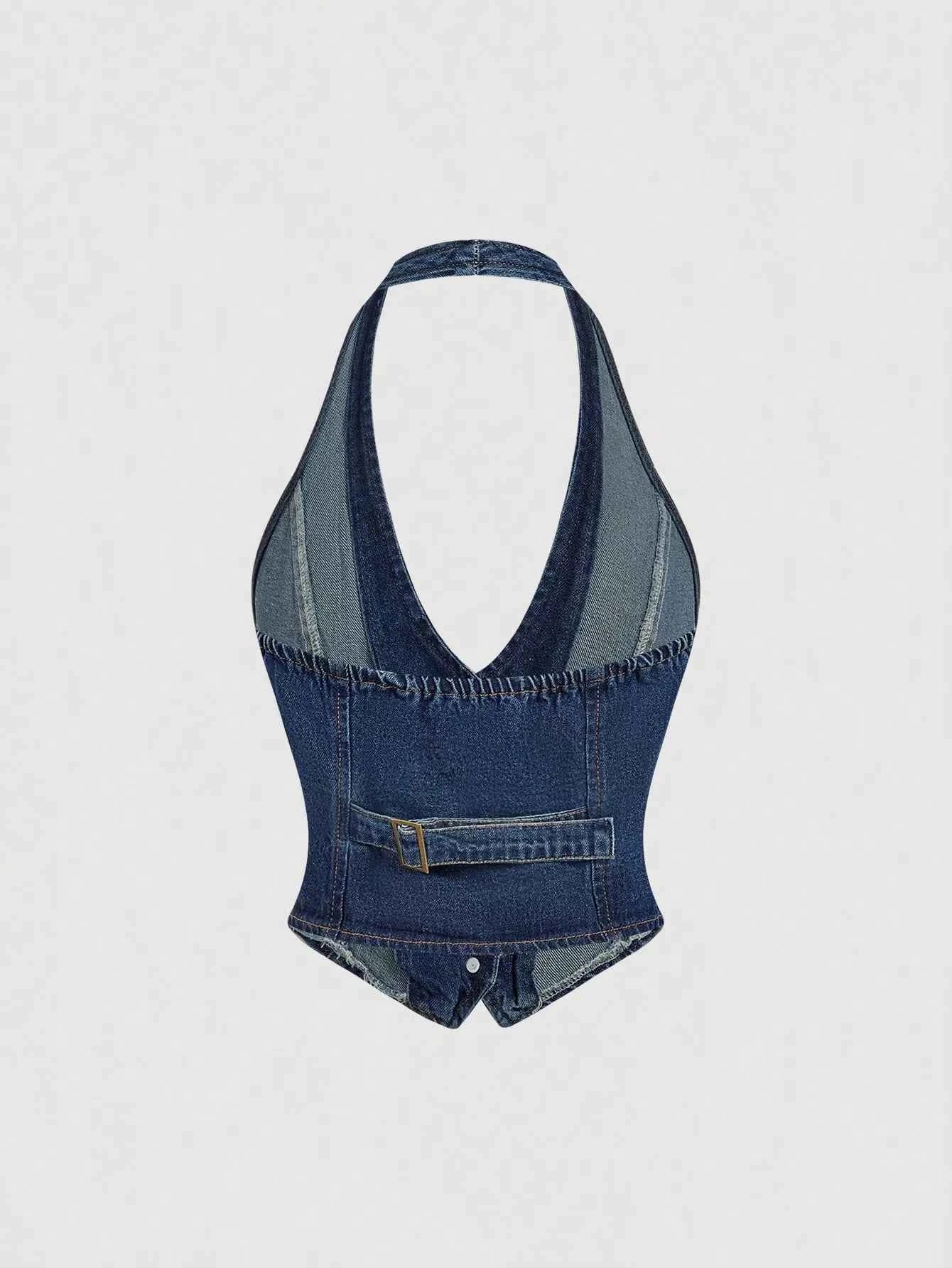 Ensemble deux pièces – Gilet halter en jean et pantalon wide-leg - Bootiky