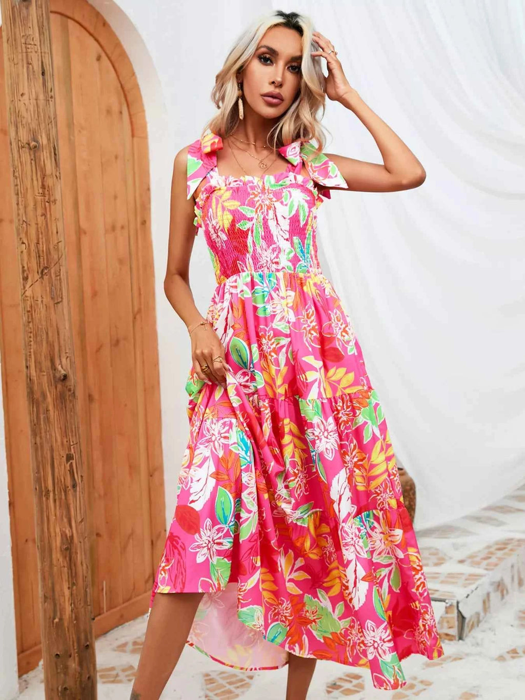 Robe Longue Bohème Oasis Buste Smocké Bretelles à Nouer – Volants, S à 2XL - Bootiky