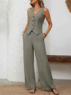Ensemble gilet col V boutonné & pantalon large femme – 3 coloris - Bootiky