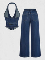 Ensemble deux pièces – Gilet halter en jean et pantalon wide-leg - Bootiky