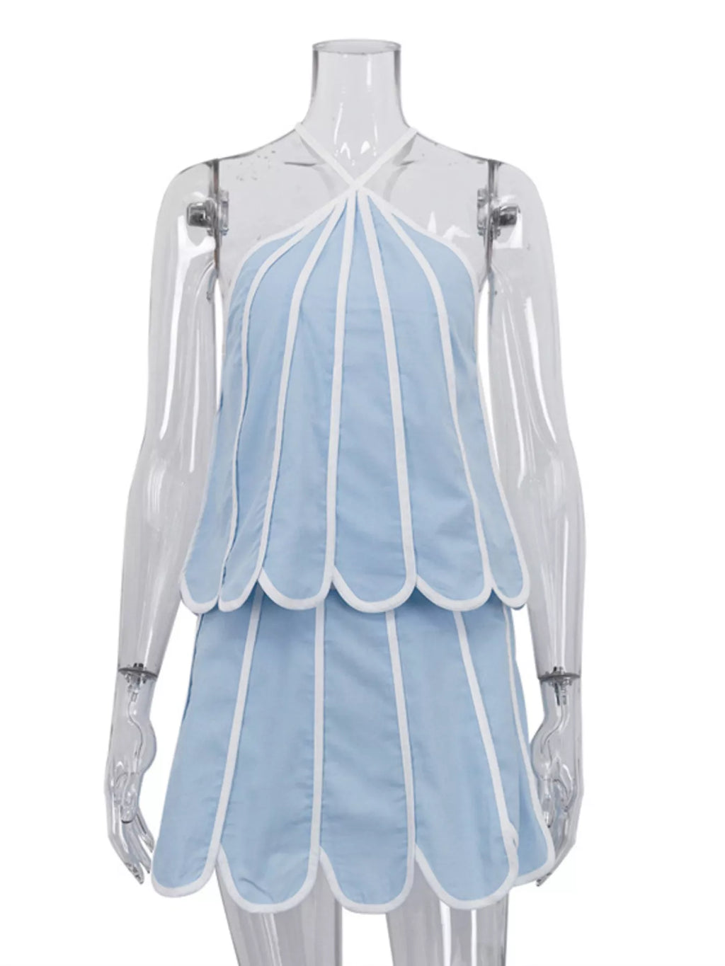 Ensemble top halter à volants liseré contrastant & jupe femme – Light Blue - Bootiky