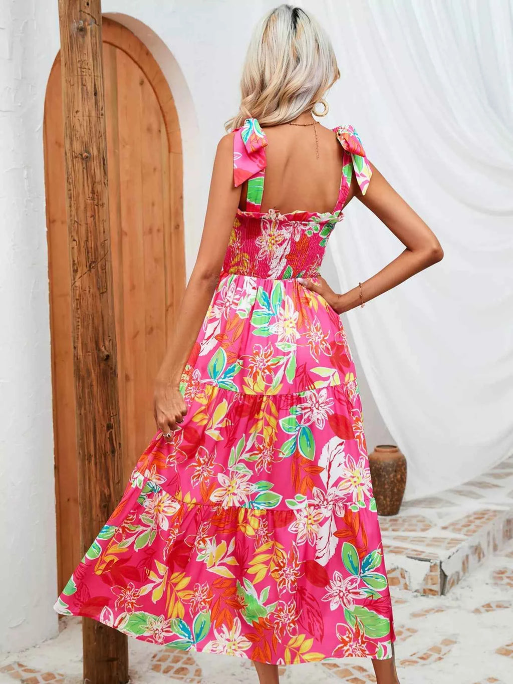 Robe Longue Bohème Oasis Buste Smocké Bretelles à Nouer – Volants, S à 2XL - Bootiky