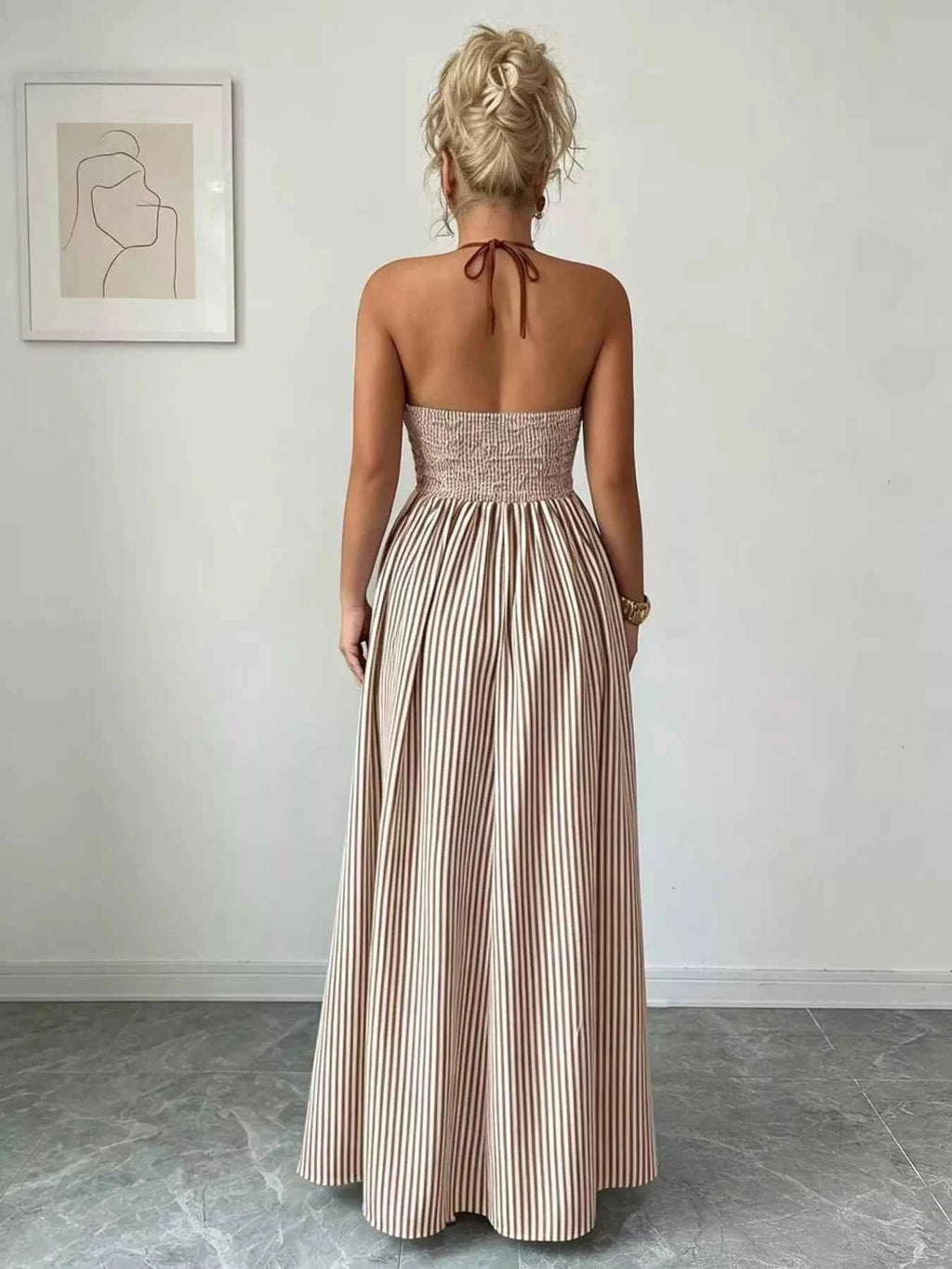 Robe Longue Graphique Riviera Col Licou – Rayures, Buste Smocké, S à 2XL - Bootiky