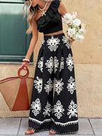 Ensemble crop top à volant épaule asymétrique & pantalon large imprimé femme - Bootiky
