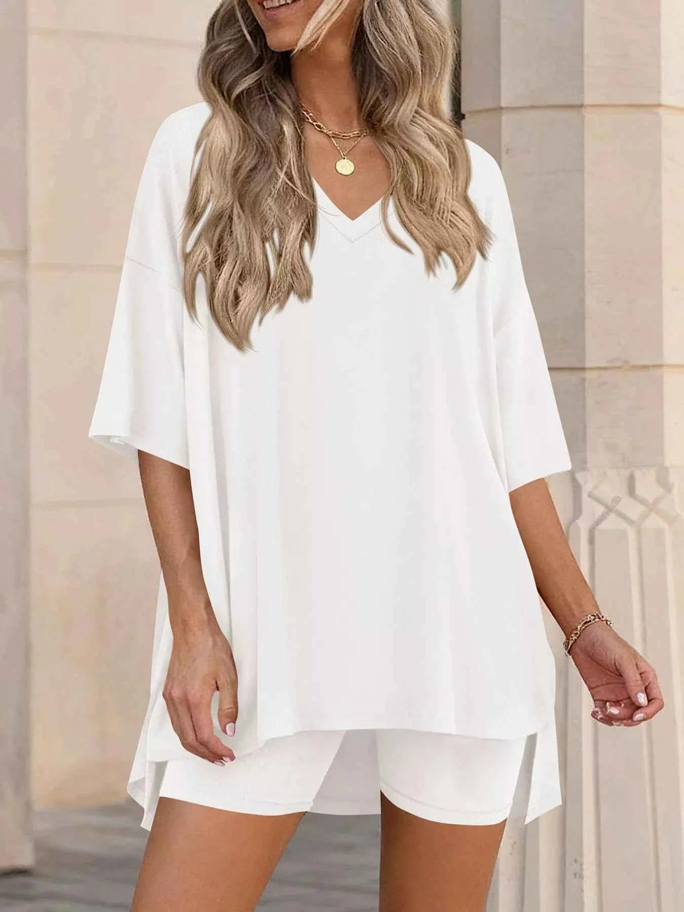Ensemble t-shirt col V & short femme – 7 coloris, grande taille - Bootiky