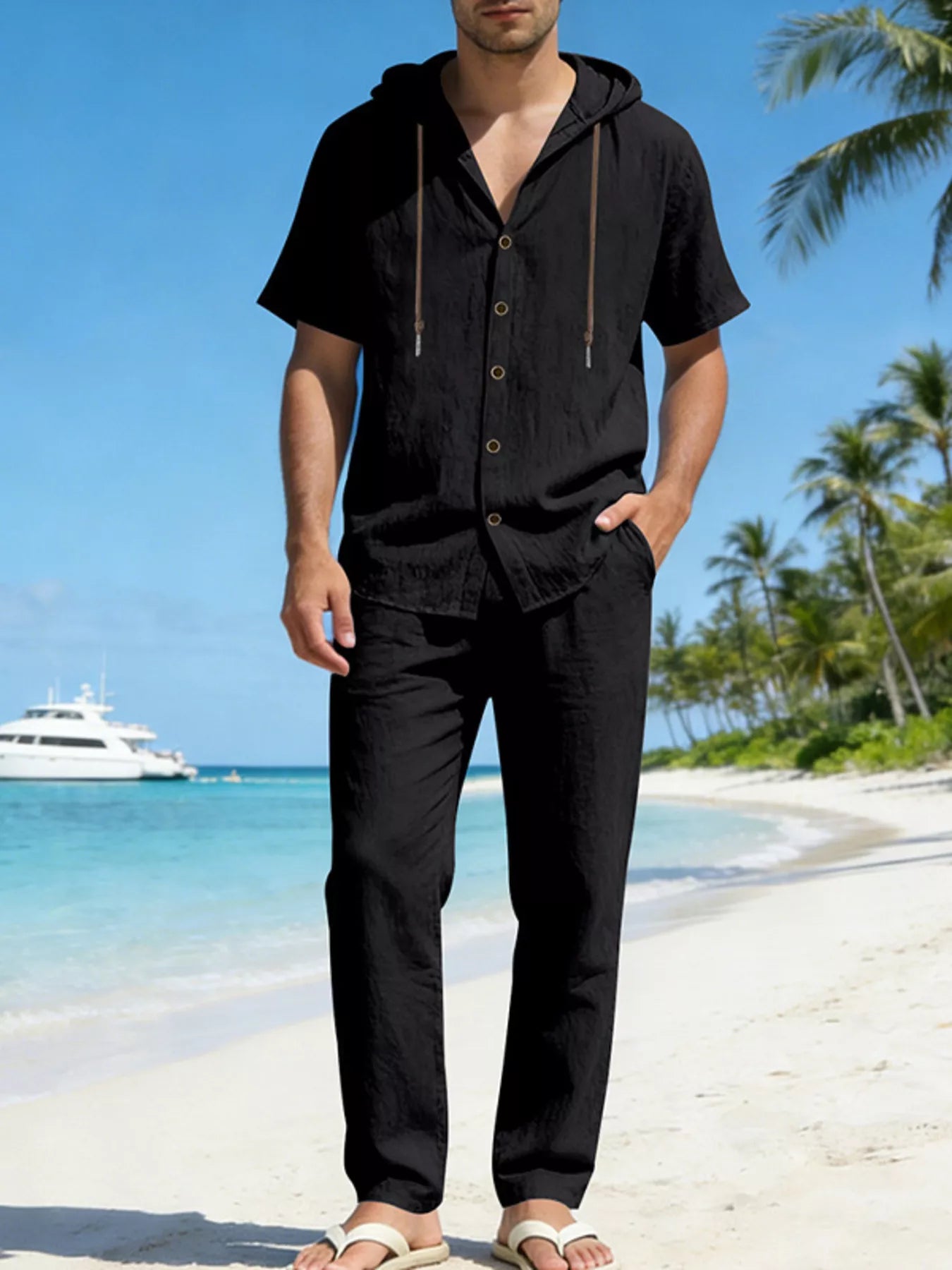 Ensemble Homme Lin — Haut à Capuche Boutonné & Pantalon Large - Bootiky